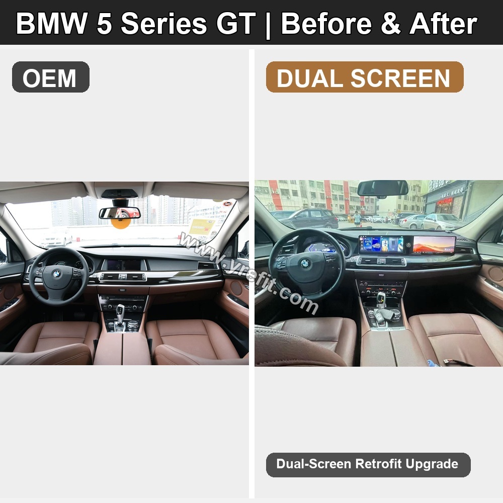 01 BMW 5 Series GT OEM vs DUAL SCREEN | Yrefit 01 BMW 5 Series GT OEM vs DUAL SCREEN retrofit before and after image with Yrefit watermark | www.yrefit.com