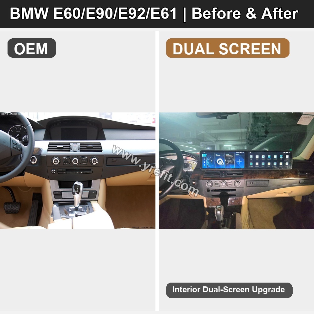 02 BMW E60 E90 E92 E61 OEM vs DUAL SCREEN | Yrefit 02 BMW E60 E90 E92 E61 OEM vs DUAL SCREEN retrofit before and after image with Yrefit watermark | www.yrefit.com