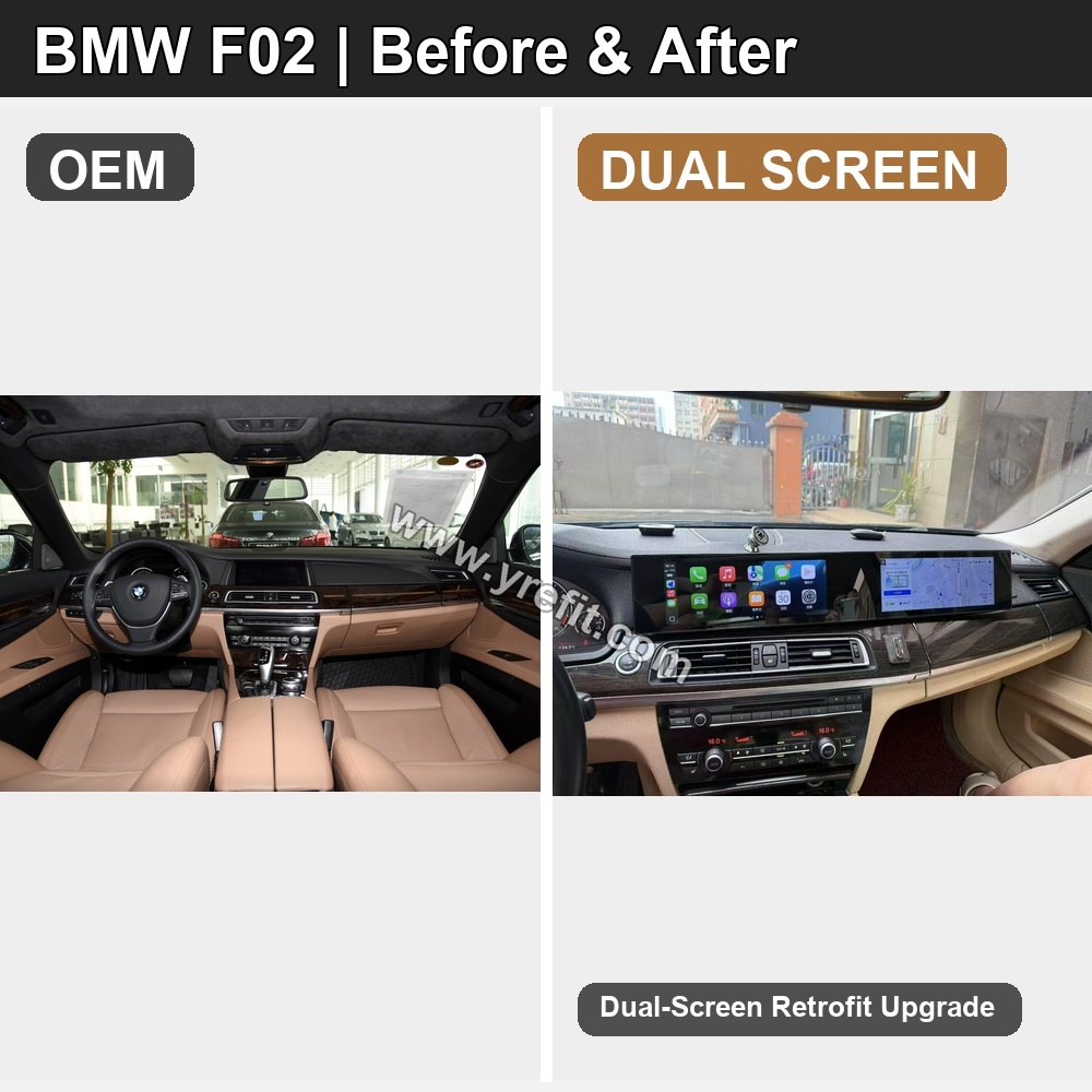 03 BMW F02 OEM vs DUAL SCREEN | Yrefit 03 BMW F02 OEM vs DUAL SCREEN retrofit before and after image with Yrefit watermark | www.yrefit.com