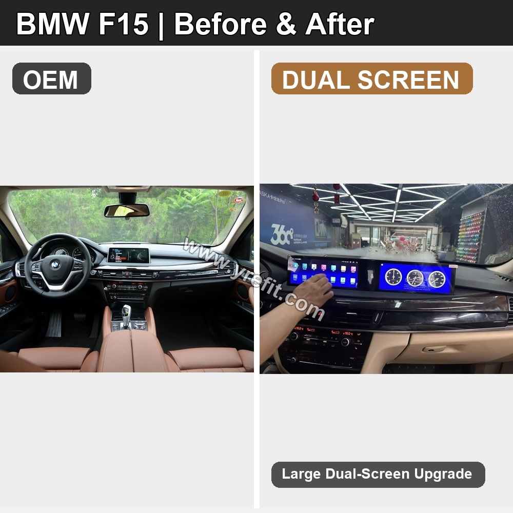 04 BMW F15 OEM vs DUAL SCREEN | Yrefit 04 BMW F15 OEM vs DUAL SCREEN retrofit before and after image with Yrefit watermark | www.yrefit.com