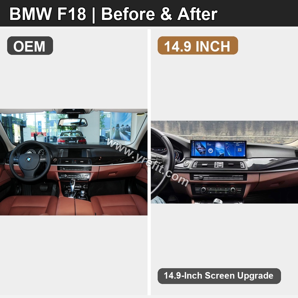 05 BMW F18 OEM vs 14.9 INCH | Yrefit 05 BMW F18 OEM vs 14.9 INCH retrofit before and after image with Yrefit watermark | www.yrefit.com