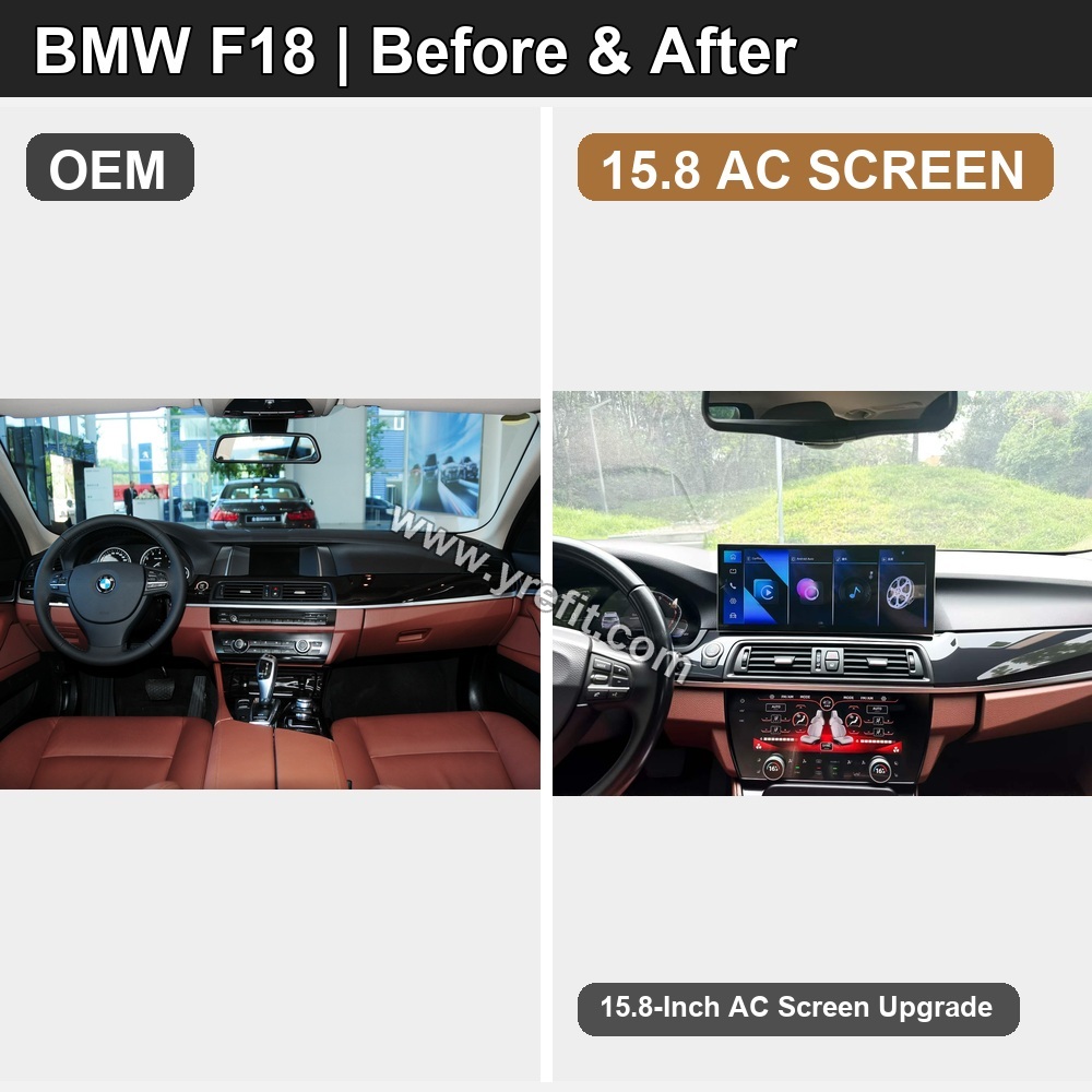 06 BMW F18 OEM vs 15.8 AC SCREEN | Yrefit 06 BMW F18 OEM vs 15.8 AC SCREEN retrofit before and after image with Yrefit watermark | www.yrefit.com