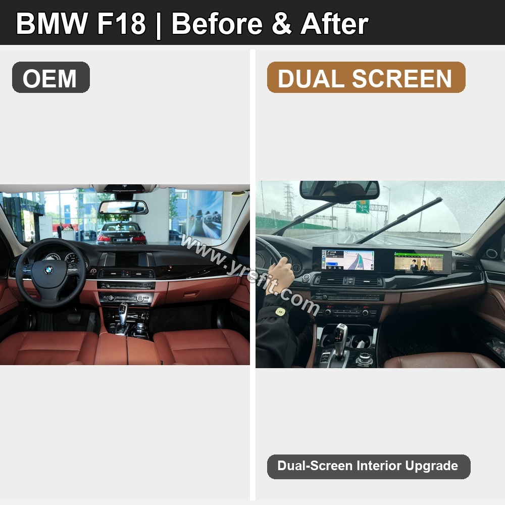 08 BMW F18 OEM vs DUAL SCREEN | Yrefit 08 BMW F18 OEM vs DUAL SCREEN retrofit before and after image with Yrefit watermark | www.yrefit.com