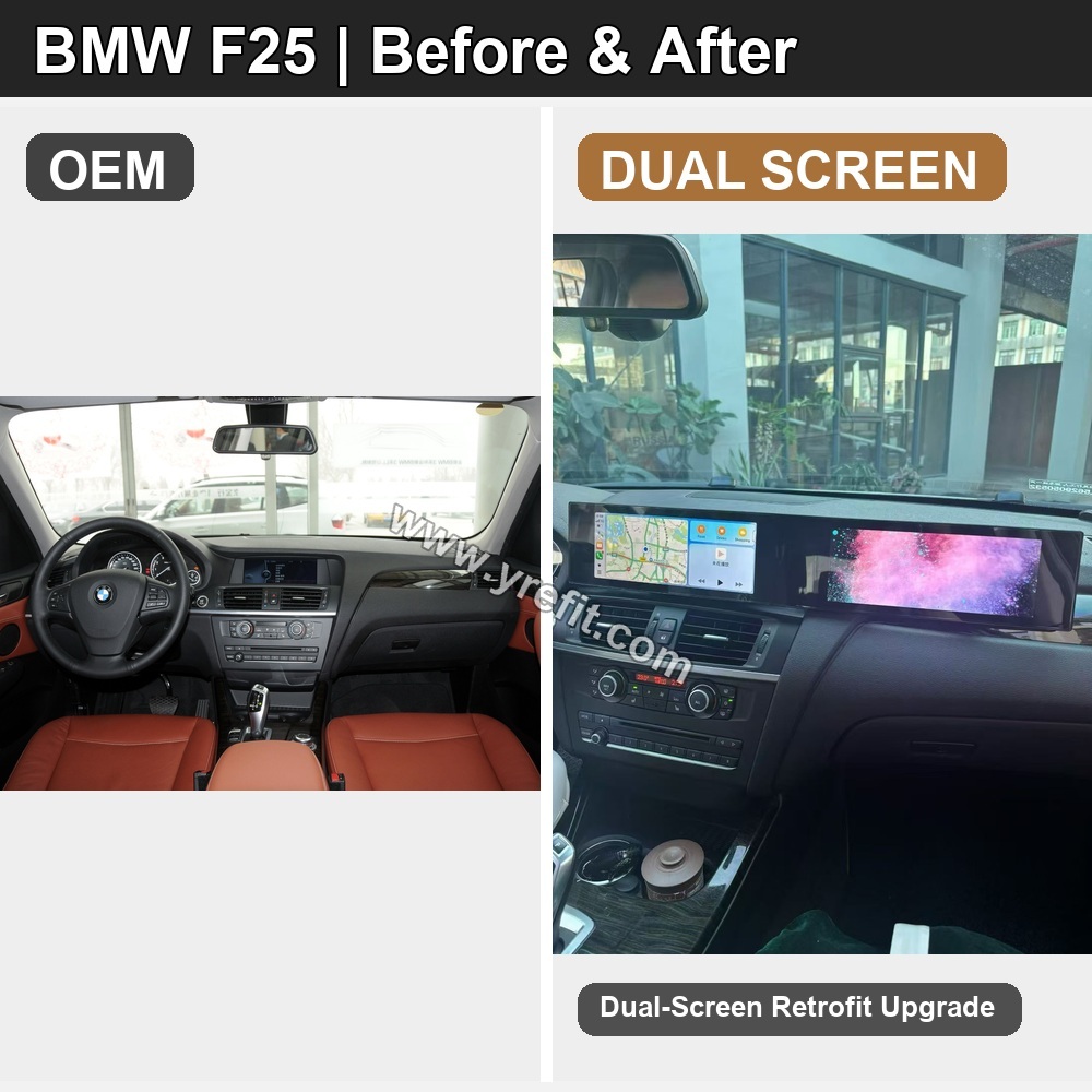 09 BMW F25 OEM vs DUAL SCREEN | Yrefit 09 BMW F25 OEM vs DUAL SCREEN retrofit before and after image with Yrefit watermark | www.yrefit.com