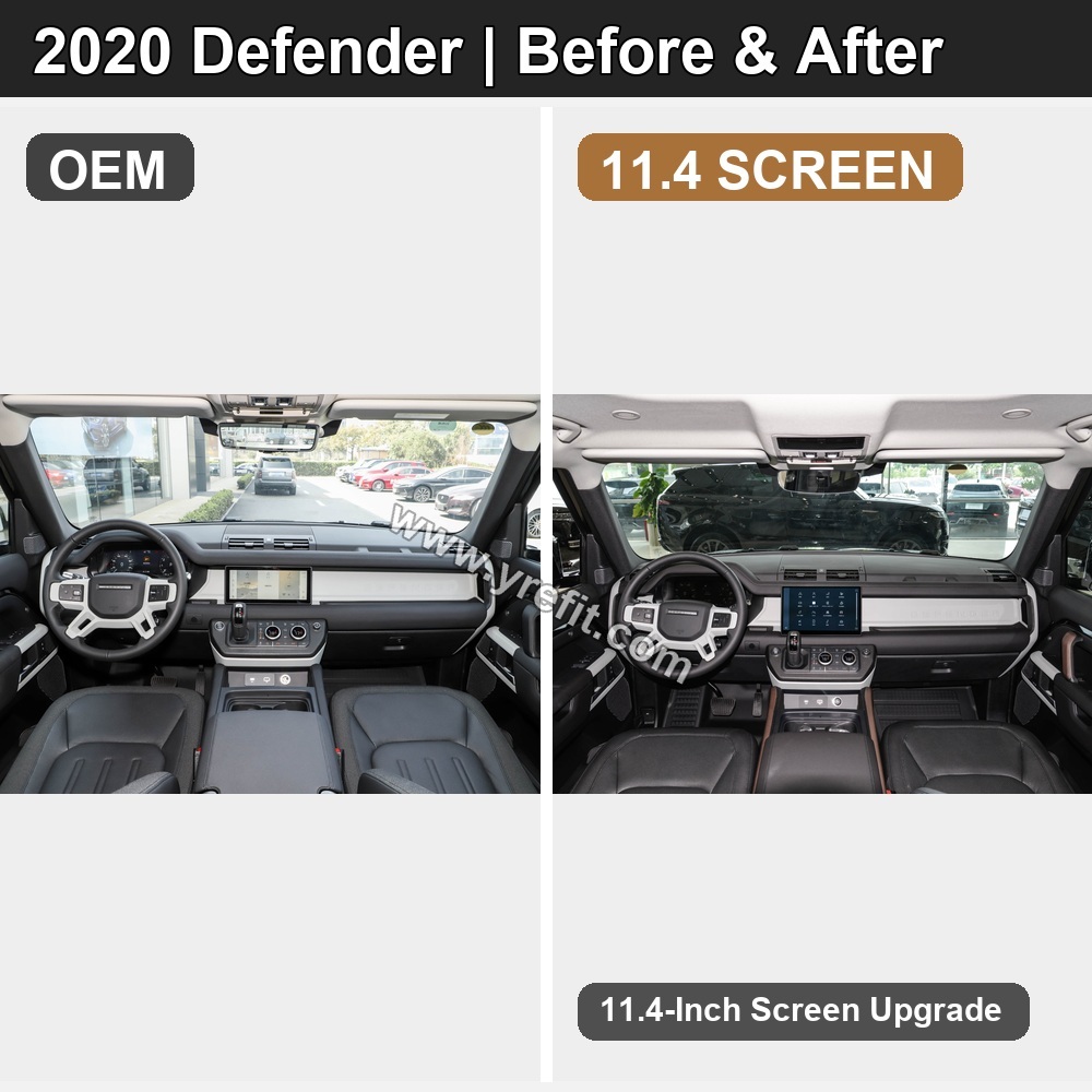 01 2020 Defender OEM vs 11.4 SCREEN retrofit before and after image with Yrefit watermark | www.yrefit.com