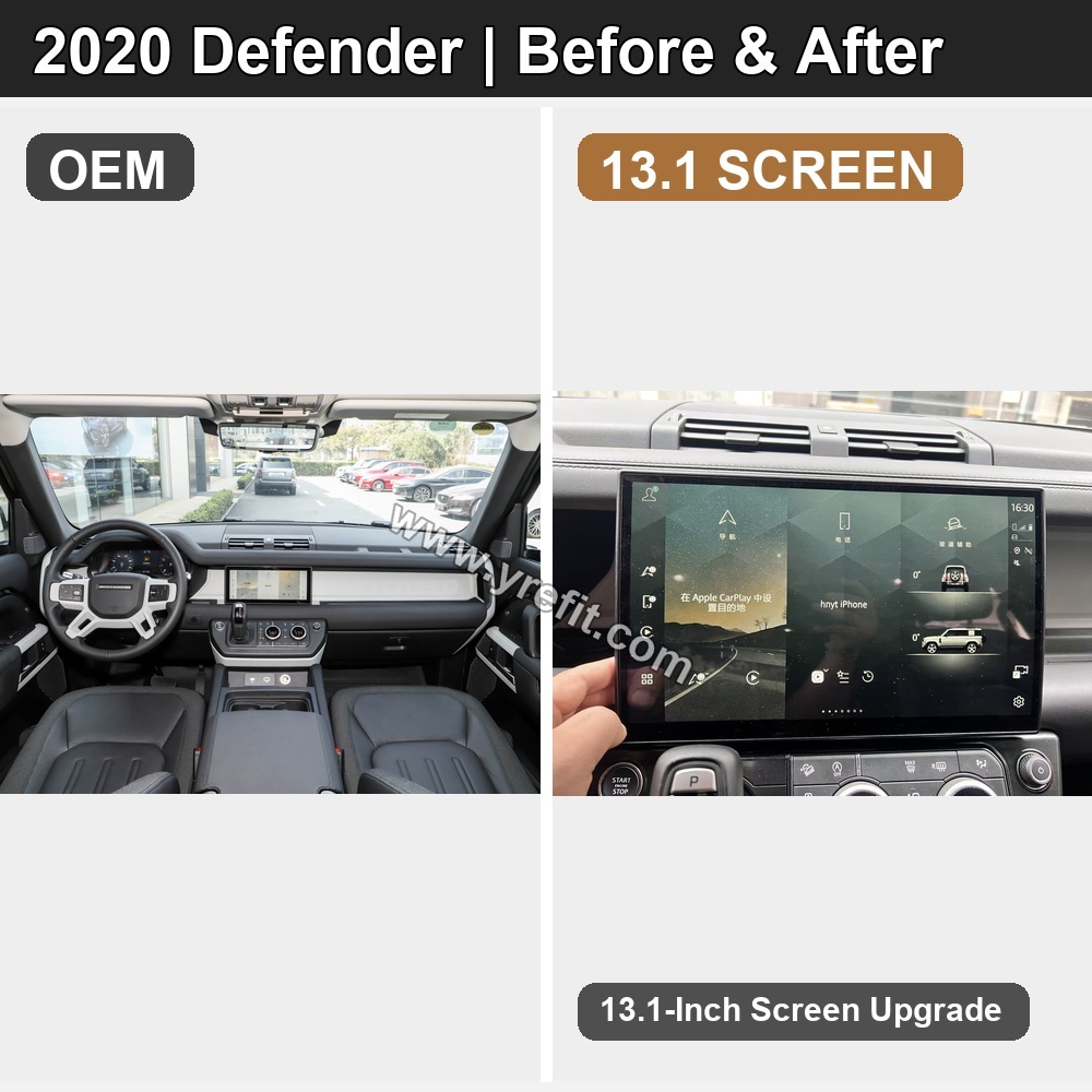 02 2020 Defender OEM vs 13.1 SCREEN retrofit before and after image with Yrefit watermark | www.yrefit.com