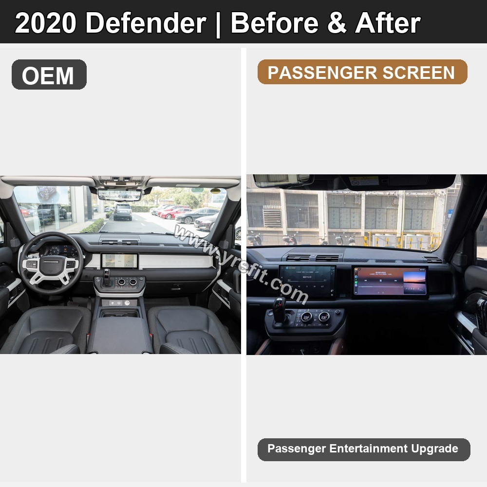 03 2020 Defender OEM vs PASSENGER SCREEN retrofit before and after image with Yrefit watermark | www.yrefit.com