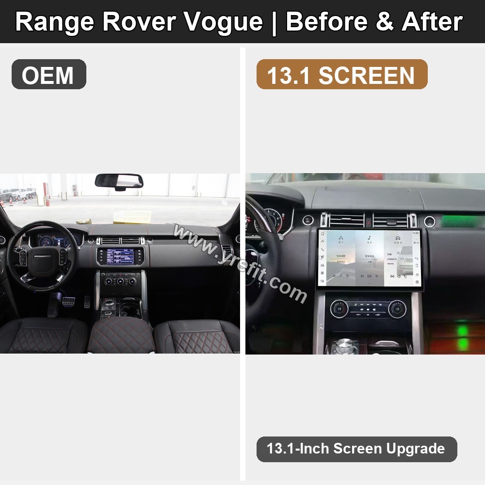 05 Range Rover Vogue OEM vs 13.1 SCREEN retrofit before and after image with Yrefit watermark | www.yrefit.com