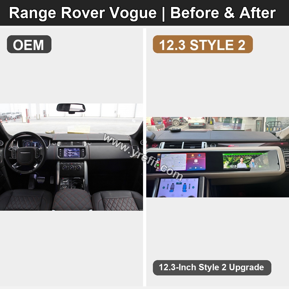 06 Range Rover Vogue OEM vs 12.3 STYLE 2 retrofit before and after image with Yrefit watermark | www.yrefit.com