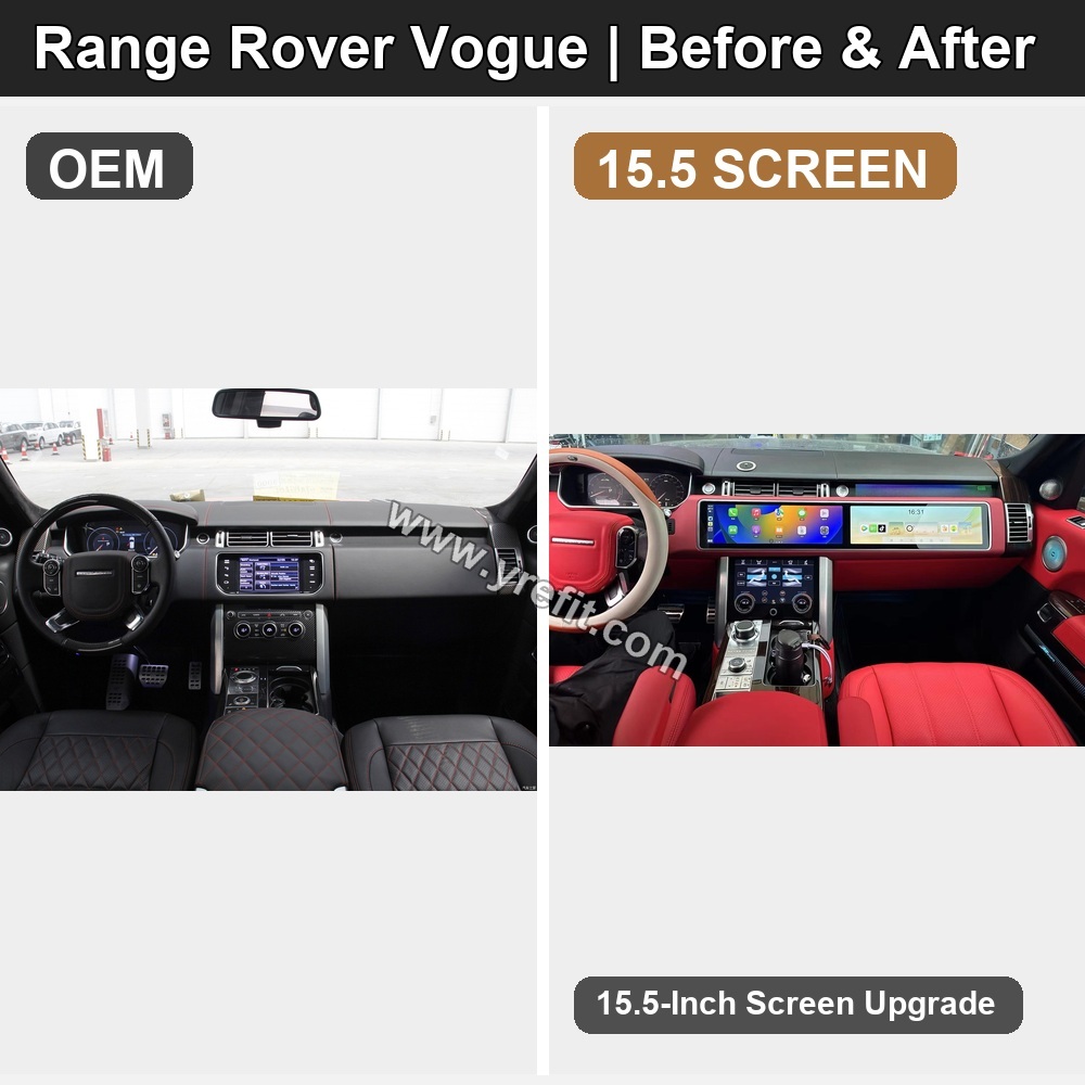 07 Range Rover Vogue OEM vs 15.5 SCREEN retrofit before and after image with Yrefit watermark | www.yrefit.com