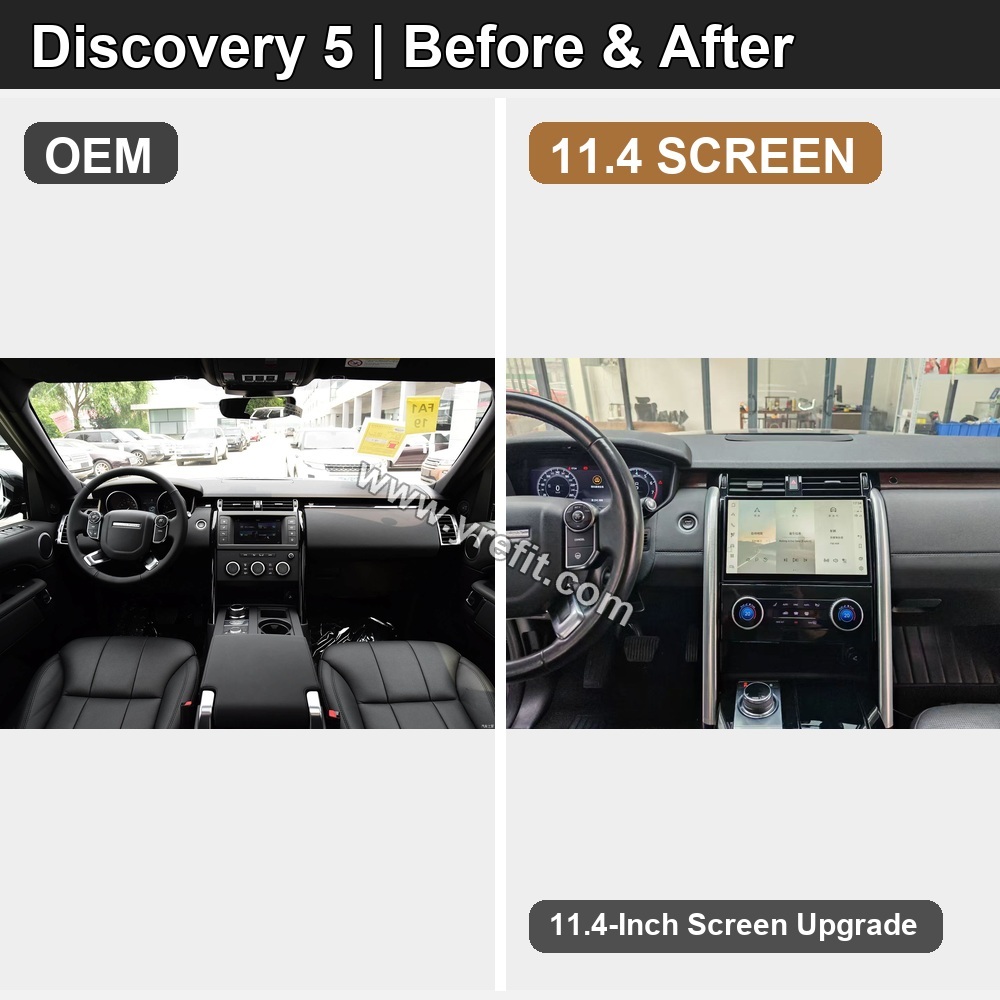 09 Discovery 5 OEM vs 11.4 SCREEN retrofit before and after image with Yrefit watermark | www.yrefit.com