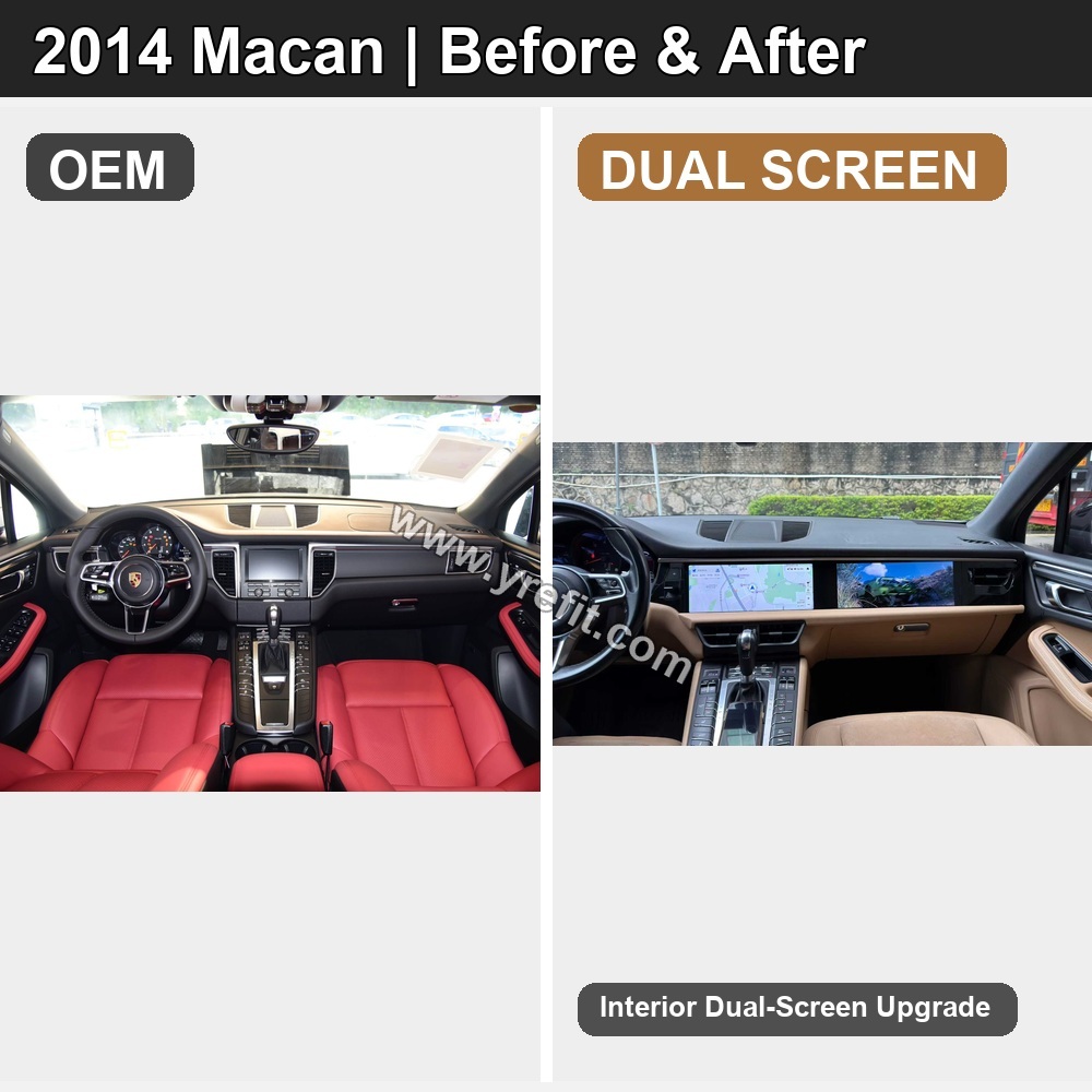 01 2014 Macan OEM vs Dual Screen | Yrefit 01 2014 Macan OEM vs Dual Screen retrofit before and after image with Yrefit watermark | www.yrefit.com
