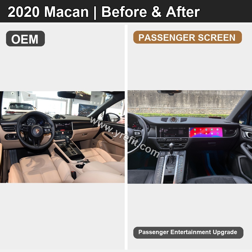 02 2020 Macan OEM vs Passenger Screen | Yrefit 02 2020 Macan OEM vs Passenger Screen retrofit before and after image with Yrefit watermark | www.yrefit.com