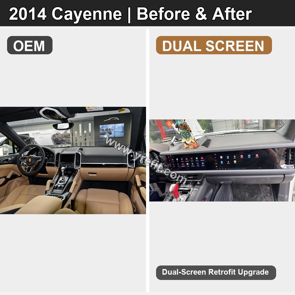 03 2014 Cayenne OEM vs Dual Screen | Yrefit 03 2014 Cayenne OEM vs Dual Screen retrofit before and after image with Yrefit watermark | www.yrefit.com