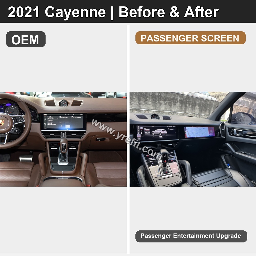 04 2021 Cayenne OEM vs Passenger Screen | Yrefit 04 2021 Cayenne OEM vs Passenger Screen retrofit before and after image with Yrefit watermark | www.yrefit.com