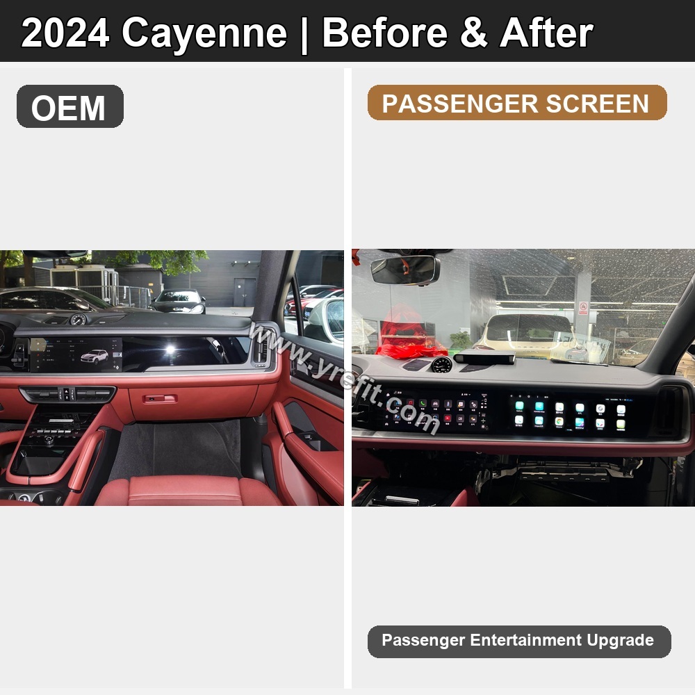 05 2024 Cayenne OEM vs Passenger Screen | Yrefit 05 2024 Cayenne OEM vs Passenger Screen retrofit before and after image with Yrefit watermark | www.yrefit.com
