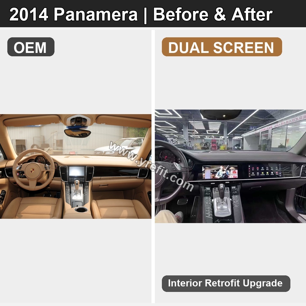 07 2014 Panamera OEM vs Dual Screen | Yrefit 07 2014 Panamera OEM vs Dual Screen retrofit before and after image with Yrefit watermark | www.yrefit.com