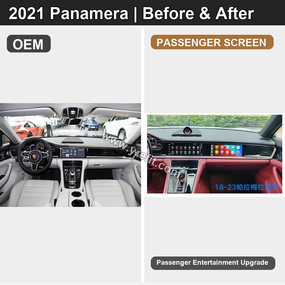 08 2021 Panamera OEM vs Passenger Screen | Yrefit 08 2021 Panamera OEM vs Passenger Screen retrofit before and after image with Yrefit watermark | www.yrefit.com